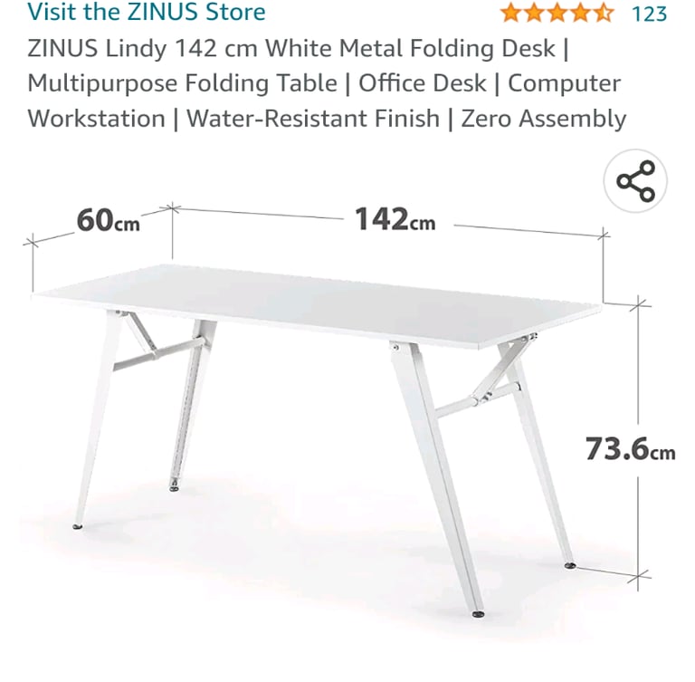ZINUS Lindy 142 cm White Metal Folding Desk | Multipurpose Folding Tab