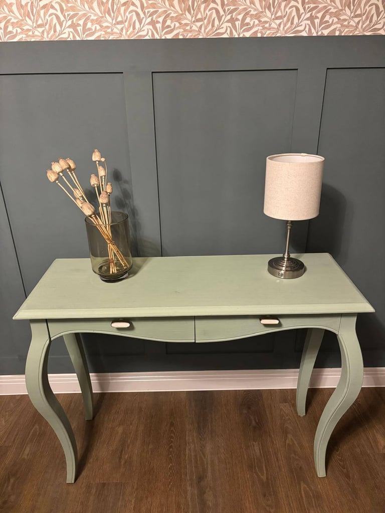 image for Elegant Light Sage Console Table with Curved Legs and Two Drawers