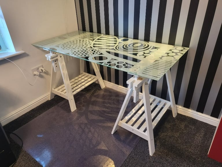 IKEA Vika Glasholm Glass table Top & MITTBACK Trestles FREE DELIVERY