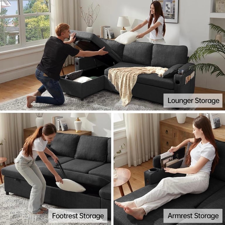 All-in-One Sofa Bed with USB, Cupholders, Ottoman & Storage Armrests.
