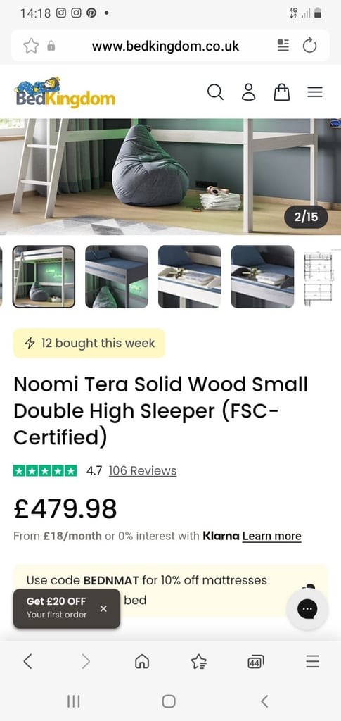 Noomi tera solid wood small double high sleeper