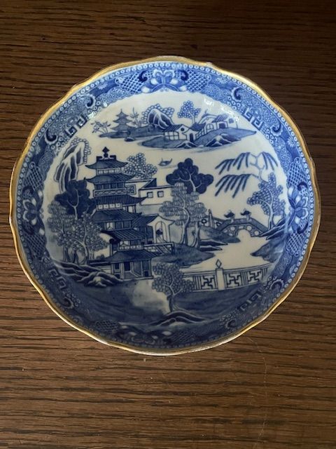 Vintage Blue And White Two Temples Design Porcelain Dish c.1820
