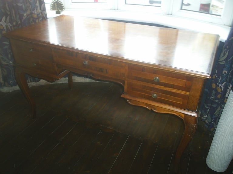 Writing Desk & Chair. Queen Ann Style 5 Drawer Walnut Desk & High Back Padded Chair 