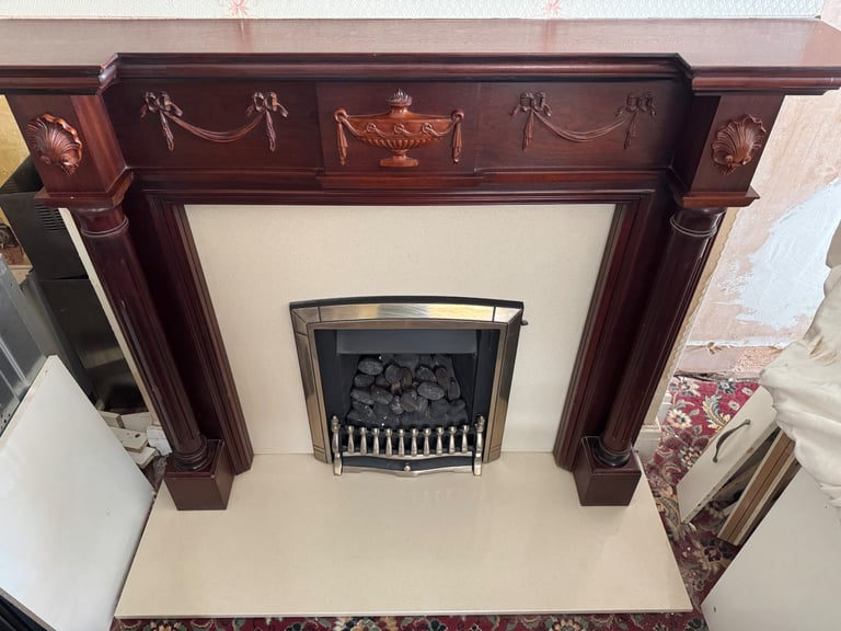Wood fire surround marble heart and gas fire 