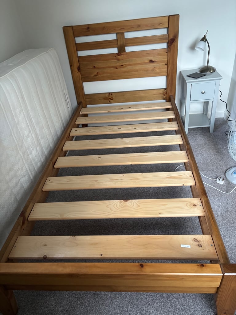 Pine bed frame with oak finish