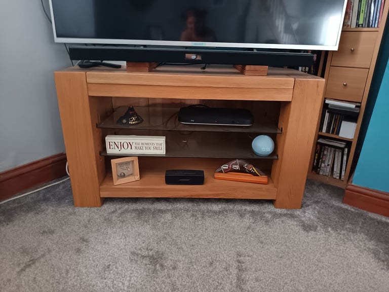 image for Solid oak corner TV unit heavy solid 