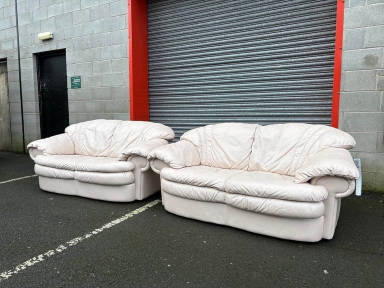 Cream Leather 2 and 2 Seater Sofas 