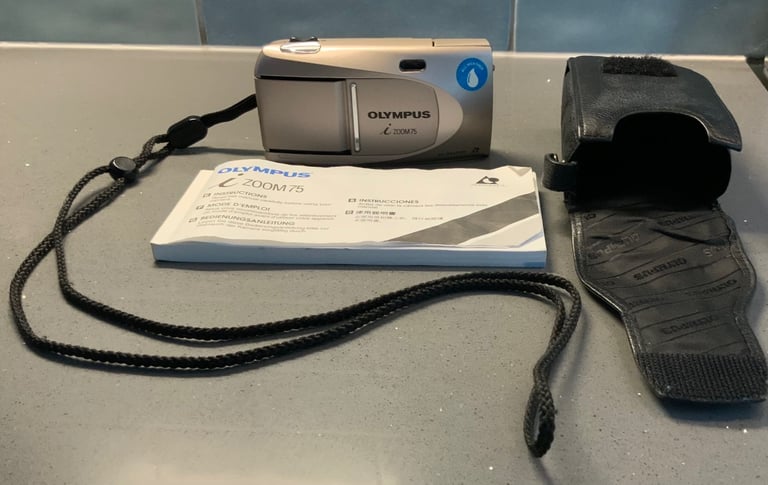 image for Olympus I 75 zoom 35mm camera with leather case and instruction book