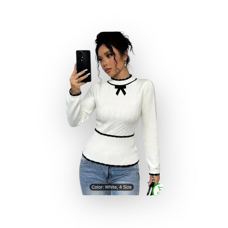 Women's White Slim Fit Long Sleeve Sweater with Black & White Striped