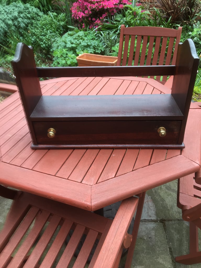 image for A wooden desk top book rack with useful drawer.