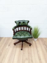Vintage Green Leather Chesterfield Style Swivel Captains Chair 