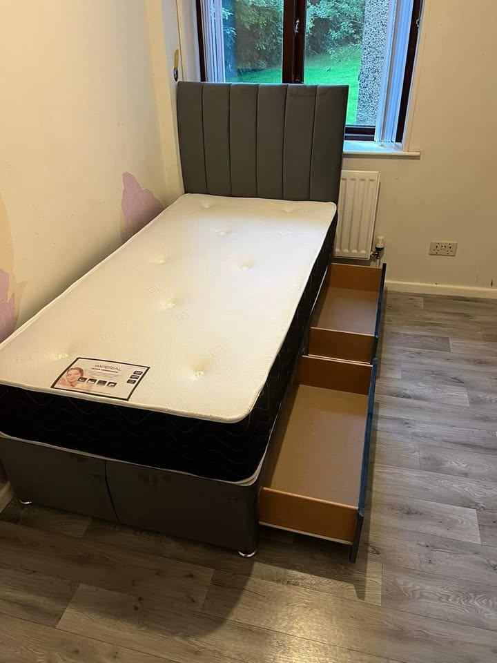 ]] Elegant 3ft Single Divan Fabric Bed With Mattress - Optional 2 Drawers - Same Day Delivery ]]