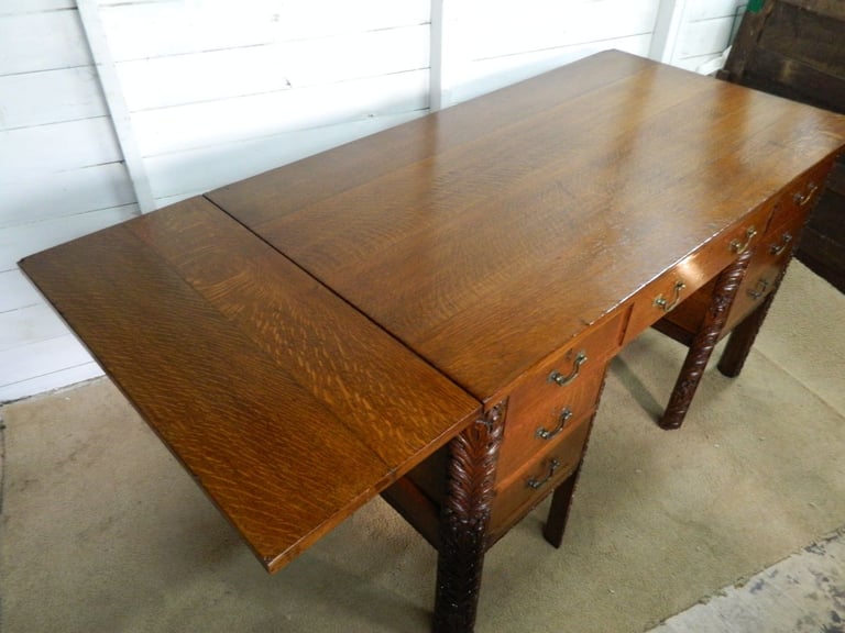 Solid Oak Heavily Carved Pedestal desk
