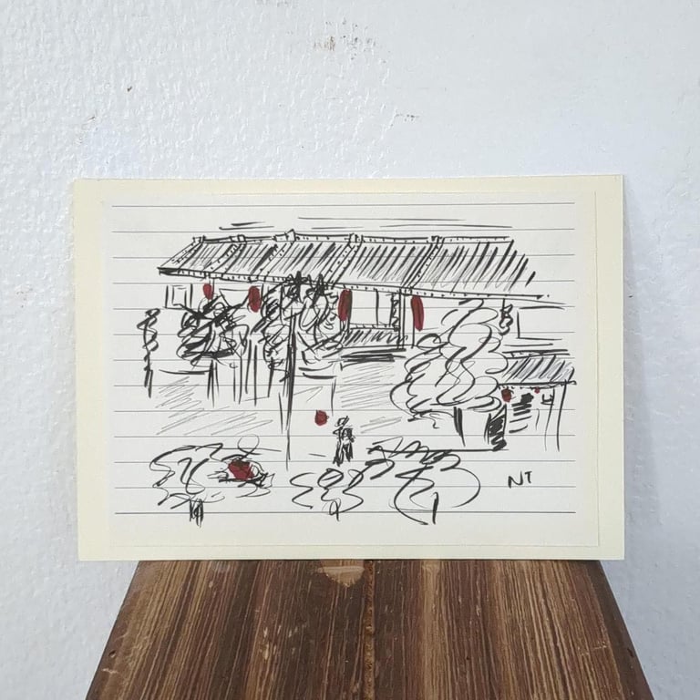 Sketch of a traditional home on a lined paper 'Chinese house with a red lantern'  