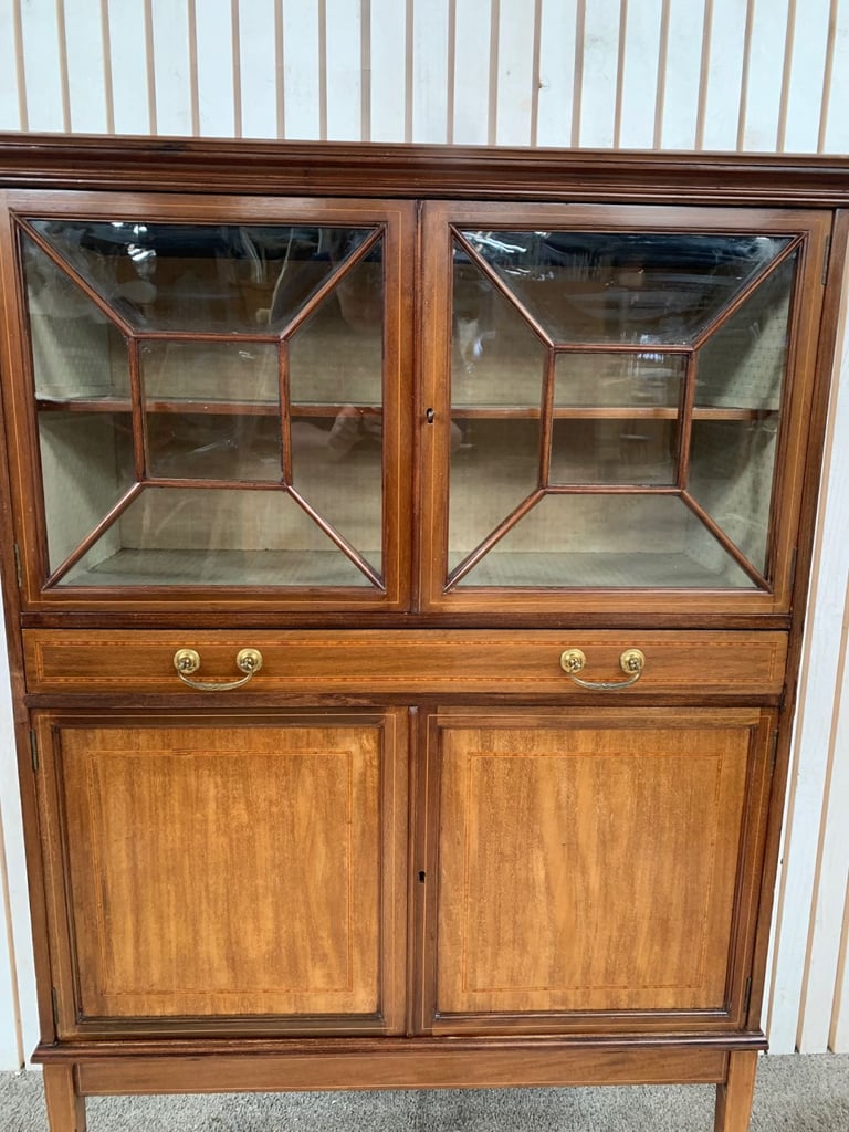 Display Cabinet with Glass Doors Raised on Square Tapering Legs Edwardian Style.