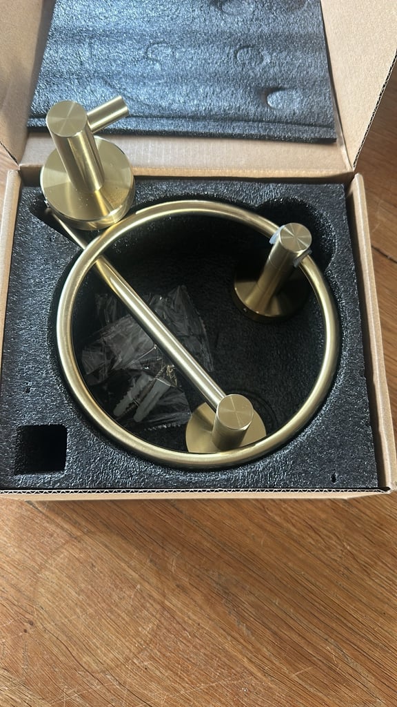 Satin brass toilet roll holder, towel ring and door hook