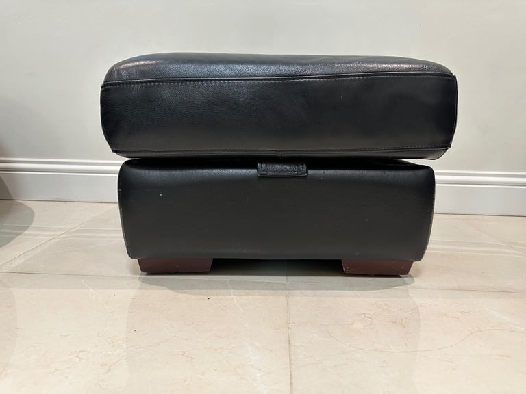 BLACK LEATHER SOFAS + FOOTSTOOL