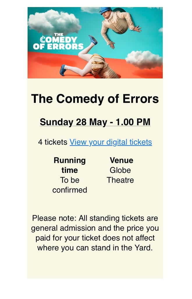 4 x Tickets for Shakespeare’s Globe A Comedy of Errors