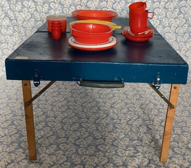 Vintage 2-in-1 Folding Picnic Basket Table Unique OOAK Caravan Holiday Tiny Home