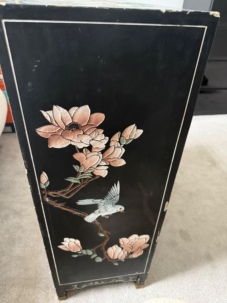 Vintage Japanese-Style Hand-Painted Lacquer Cabinet with Brass Fittings