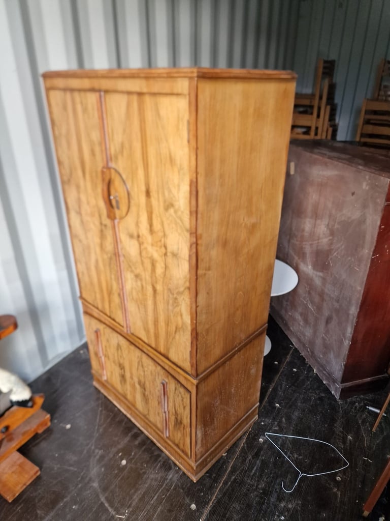 1930’s Art Deco Walnut Two Door Cupboard Over Two Drawers 