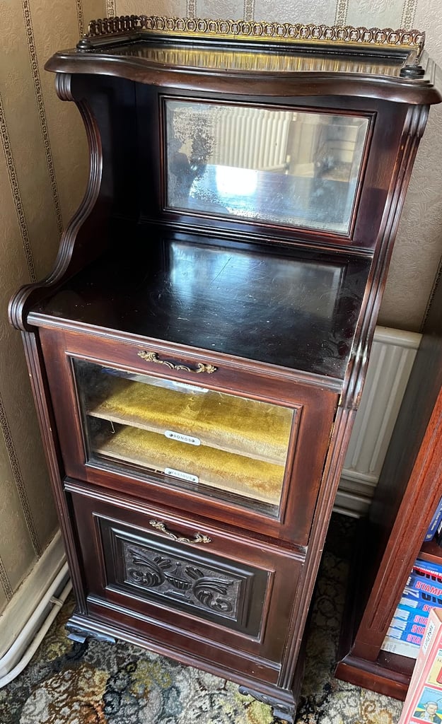 Antique Edwardian Carved Mahogany Sheet Music Cabinet with Velvet Lined Shelves