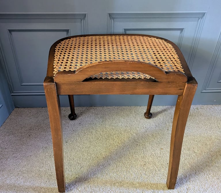 Art deco burr walnut veneer dressing table stool with cane seat 