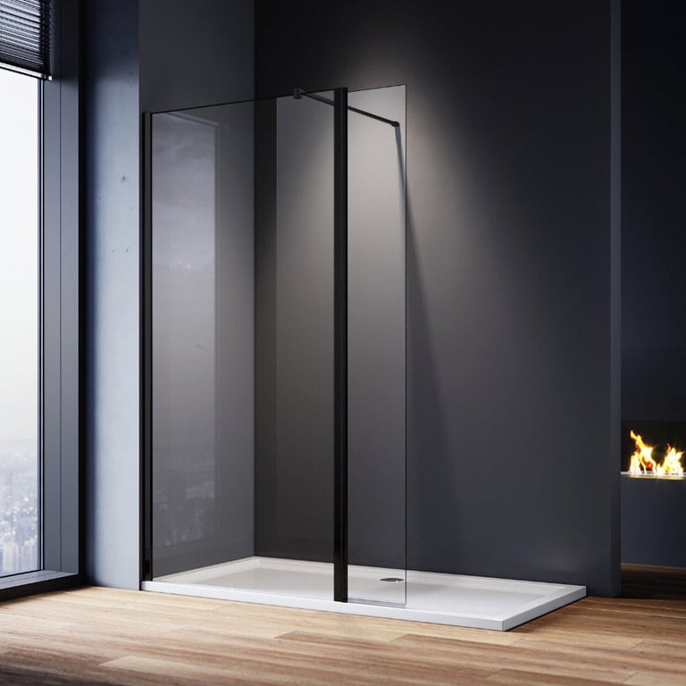 image for New Clear 8mm Walk In Shower Screen + Flipper and Black Fittings 700mm RRP £230 Our Price £155