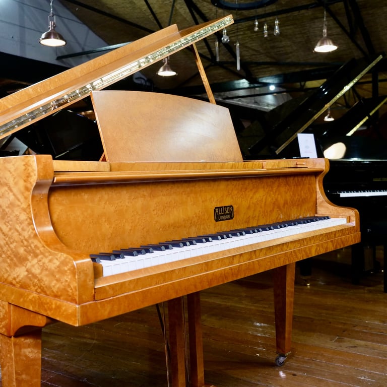 Art Deco Allison Baby Grand Piano Bird Eye Case | Delivery, Tuning, Warranty, Stool