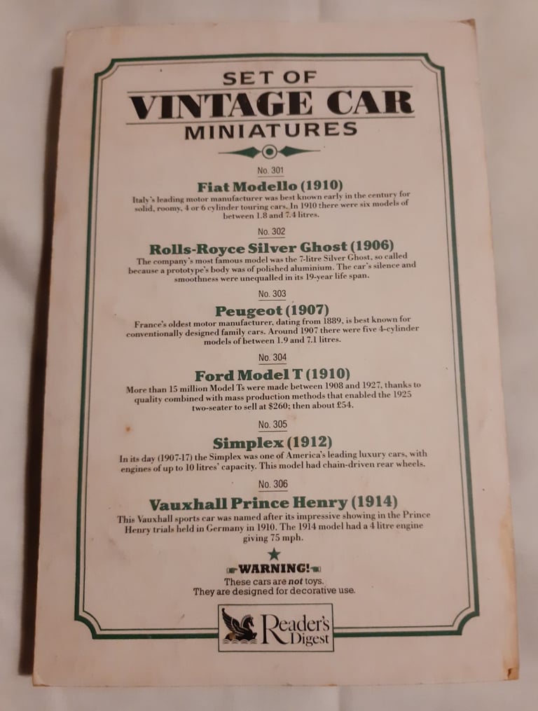 Readers Digest set of Diecast Miniature Vintage Cars