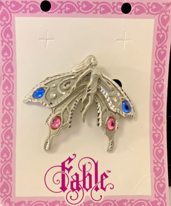 image for Rare Silver & Pewter diamond cut fairy with coloured stones on the wings brooch