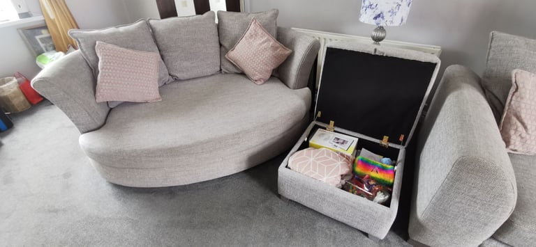Dfs Grey L Shaped sofa with large sofa chair and pouffee