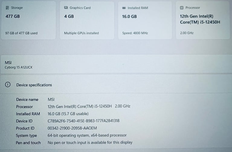 MSI i5 12thGen 16GB 512GB SSD UltraFast Gaming Slimline 144hz Laptop, RTX 4GB Graphics