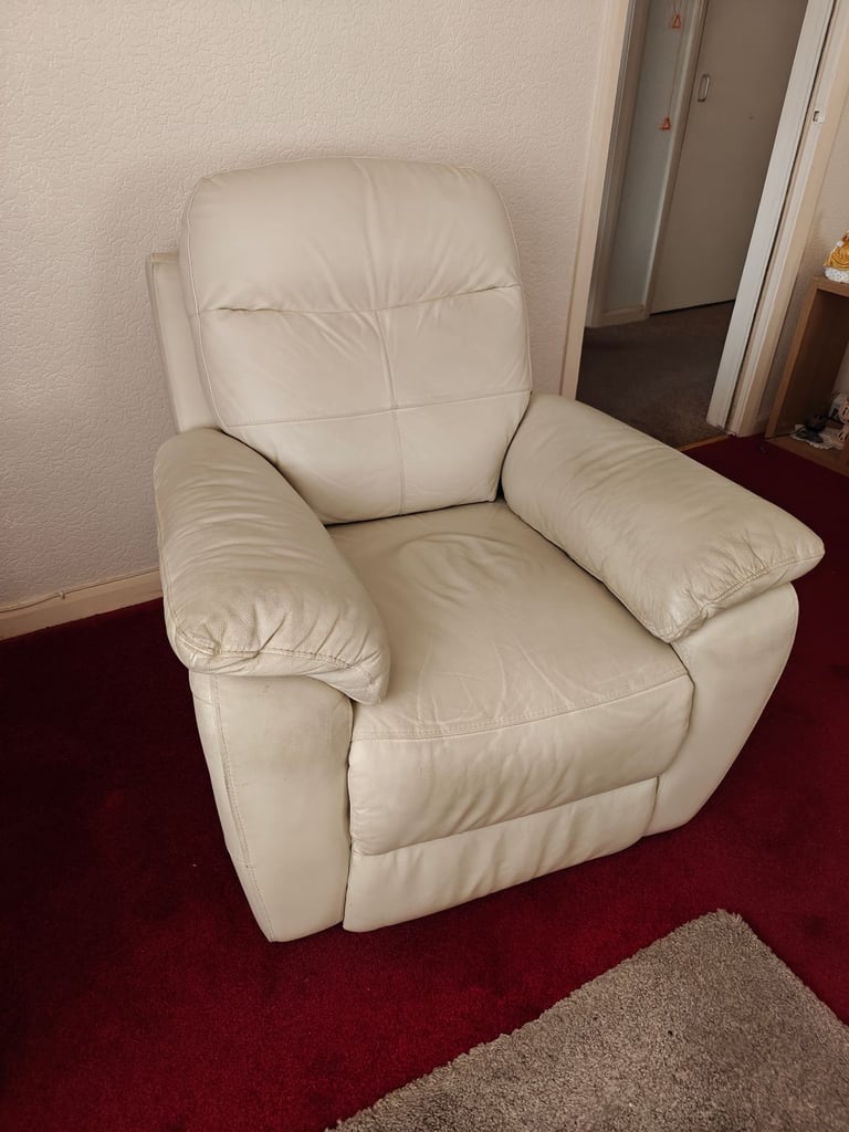 image for Reduced: Cream Leather Three Seater Reclining Sofa with Electric Reclining Arm Chair