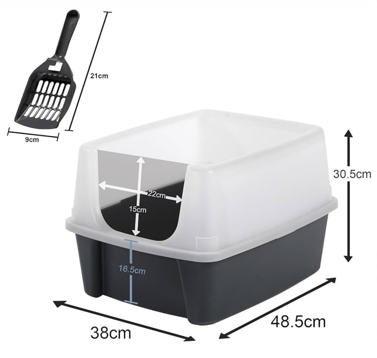 Iris Ohyama Cat Litter Tray with Scoop Grey Easy to Clean Adult Cats Litter Box