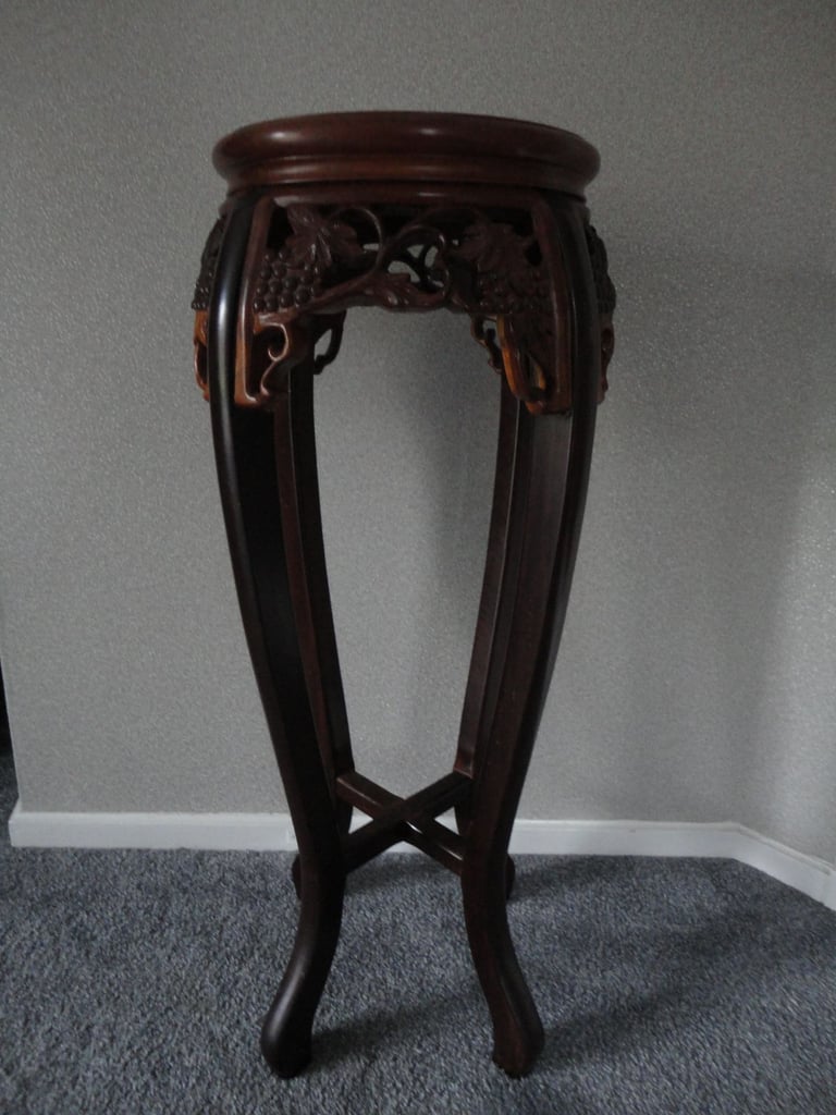 Asian hardwood chinoiserie, hand carved plant pot pedestal table, round wooden top