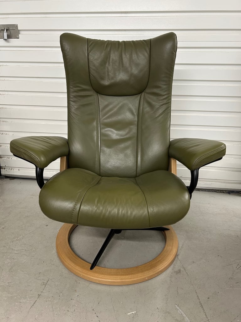 Ekornes Stressless Medium Signature Wing Dark Olive Leather Chairs & Footstool