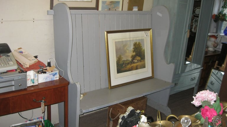 VINTAGE GREY PAINTED LARGE SETTLE ~ PEW. 3 SEATER. VERSATILE LOCATION. DELIVERY AVAILABLE