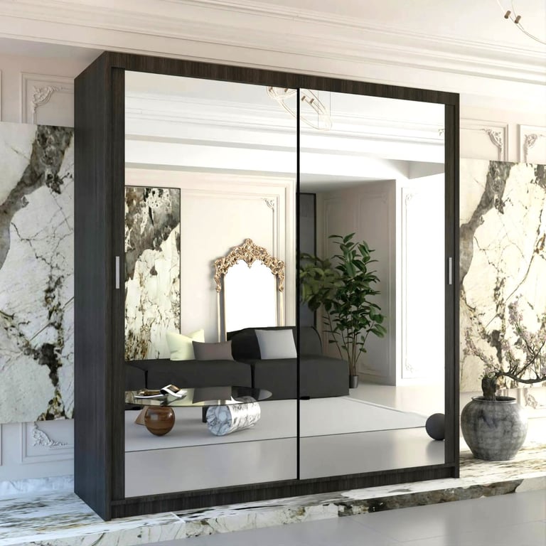 Brand New 2 or 3 Doors Sliding Wardrobe with Mirrors & Drawers in Black Grey White Oak