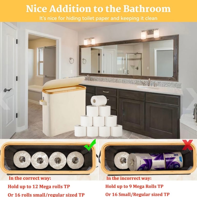 Bamboo Toilet Roll Storage Basket with Lid - Beige