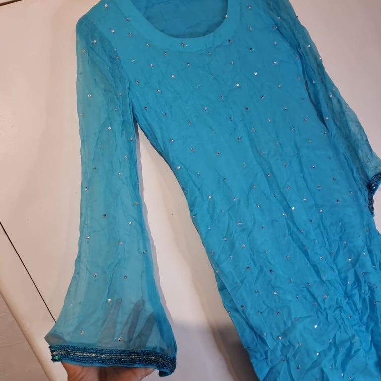 New.Light blue churidar kameez, jacket, scarf sequin embroidered wedding party asia. Asian dress