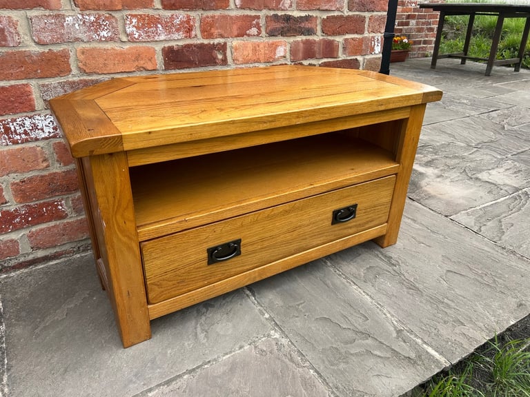 Rustic Solid Oak Corner TV Stand - Good Condition 