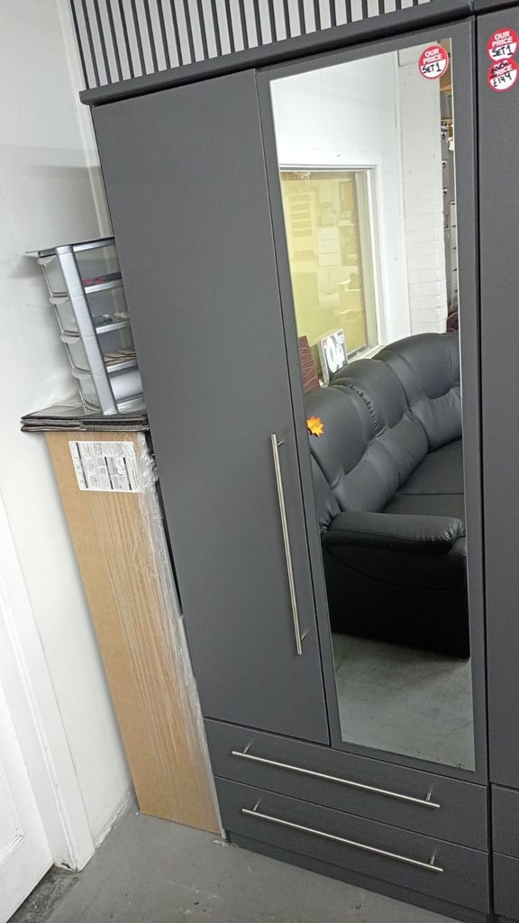 Grey Assembled 2 Door 2 Drawer Mirror Wardrobe 