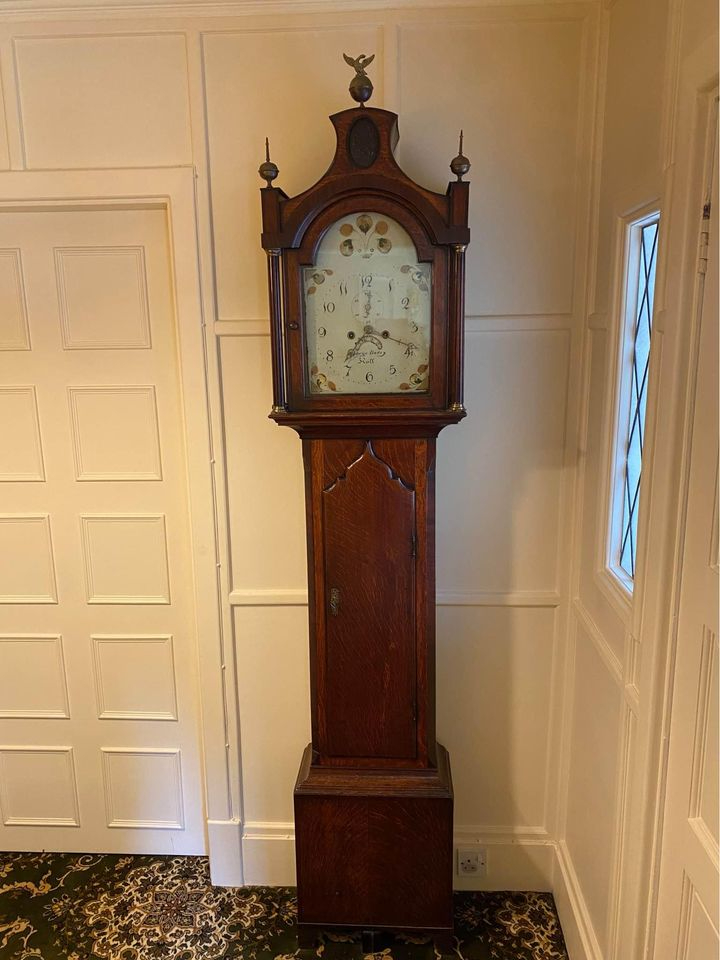 Georgian oak and mahogany banded longcase grandfather clock, George Barry, eight-day movement
