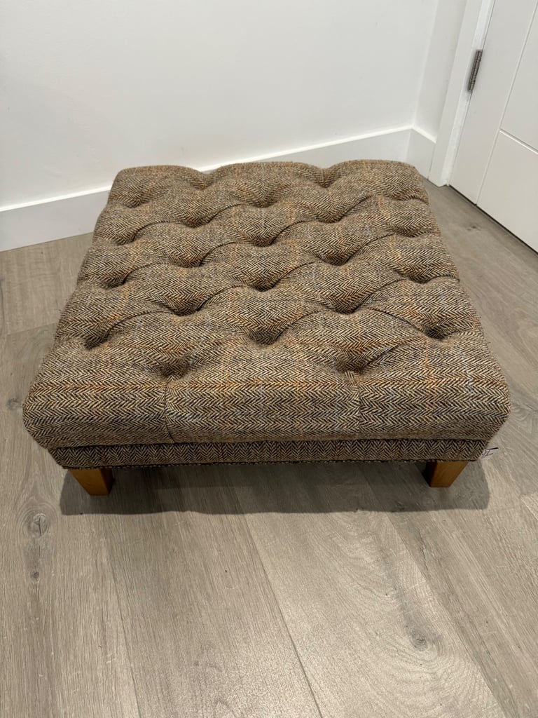 Harris Tweed Fabric Herringbone Buttoned Chesterfield Chair Low Footstool