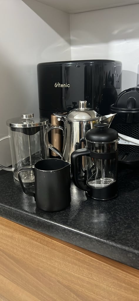 X4 Milk jug ,X2 Black Cafetiere coffee Espresso jug and tea pots all together