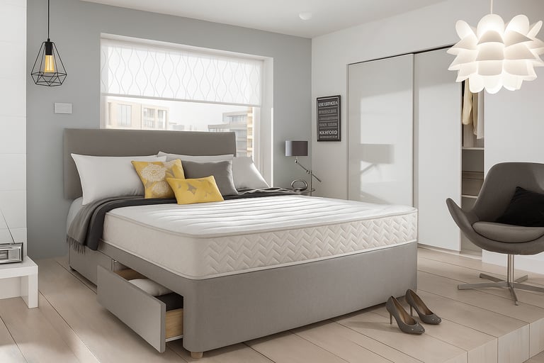  Fabric divan bed featuring hidden storage, strong construction and supportive mattress comfort