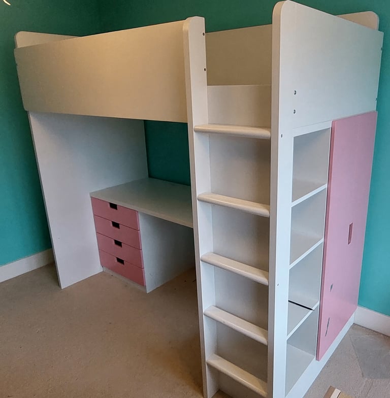 Child bunk bed with wardrobe and desk
