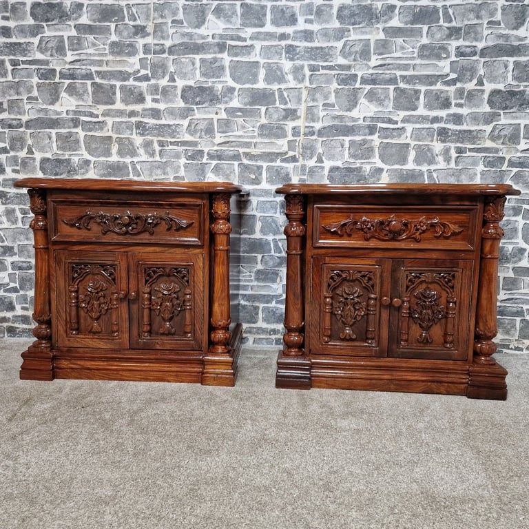 Pair of Hand-Carved Wooden Bedside Cabinets