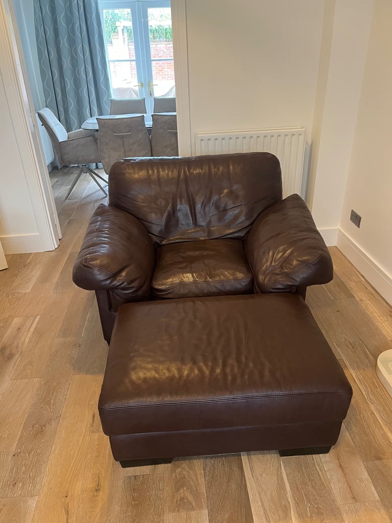 John Lewis Brown Leather 3 seater Sofa, chair and puff with storage